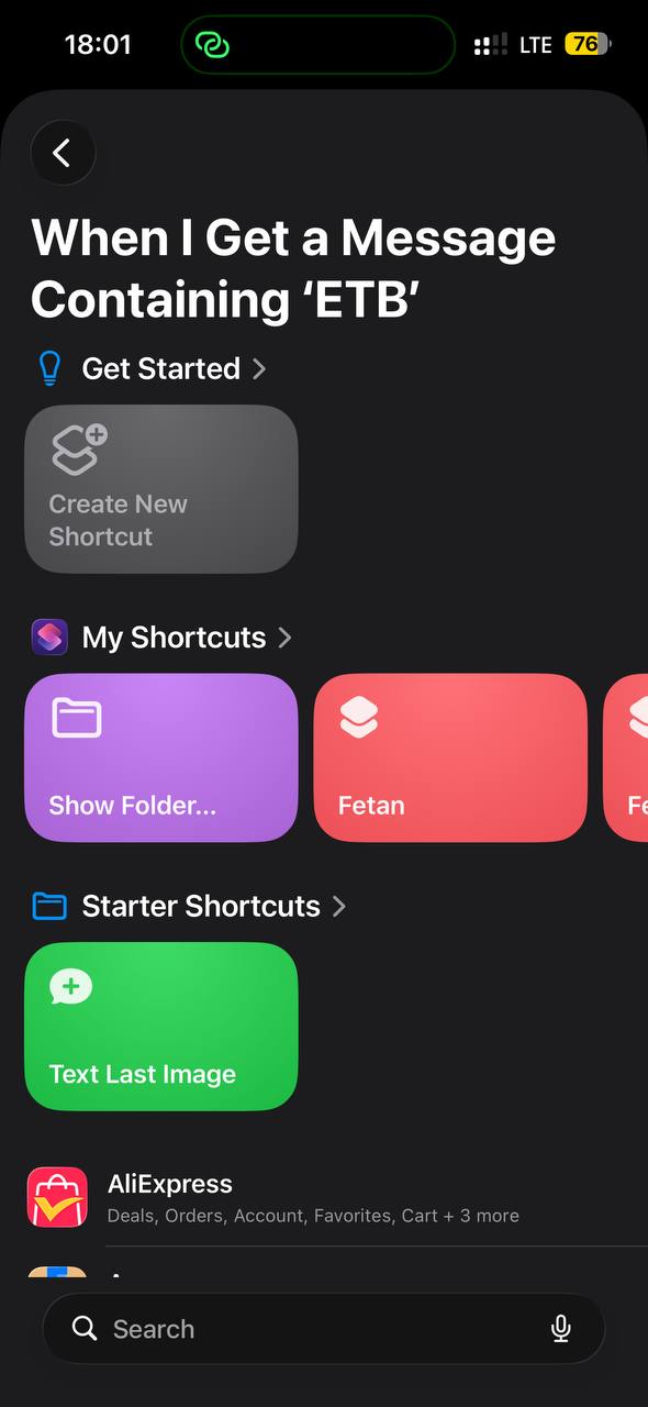 Choosing the Fetan shortcut to run